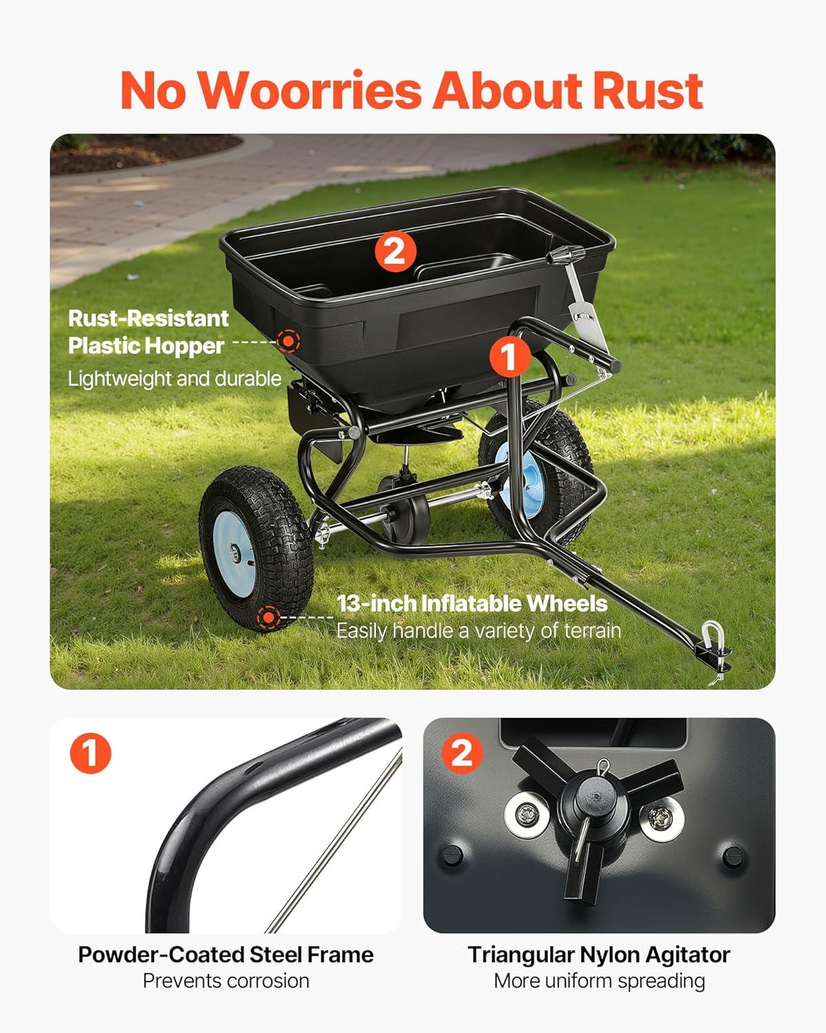 image:imageVEVOR Compost Spreader 244256 Height Adjustable Handle 24 Wide Lawn and Garden Peat Moss Roller with Side Latches Powder Coated Steel Mesh Basket for Spreading Manure Topsoil BlackWhite Hubs Black Components