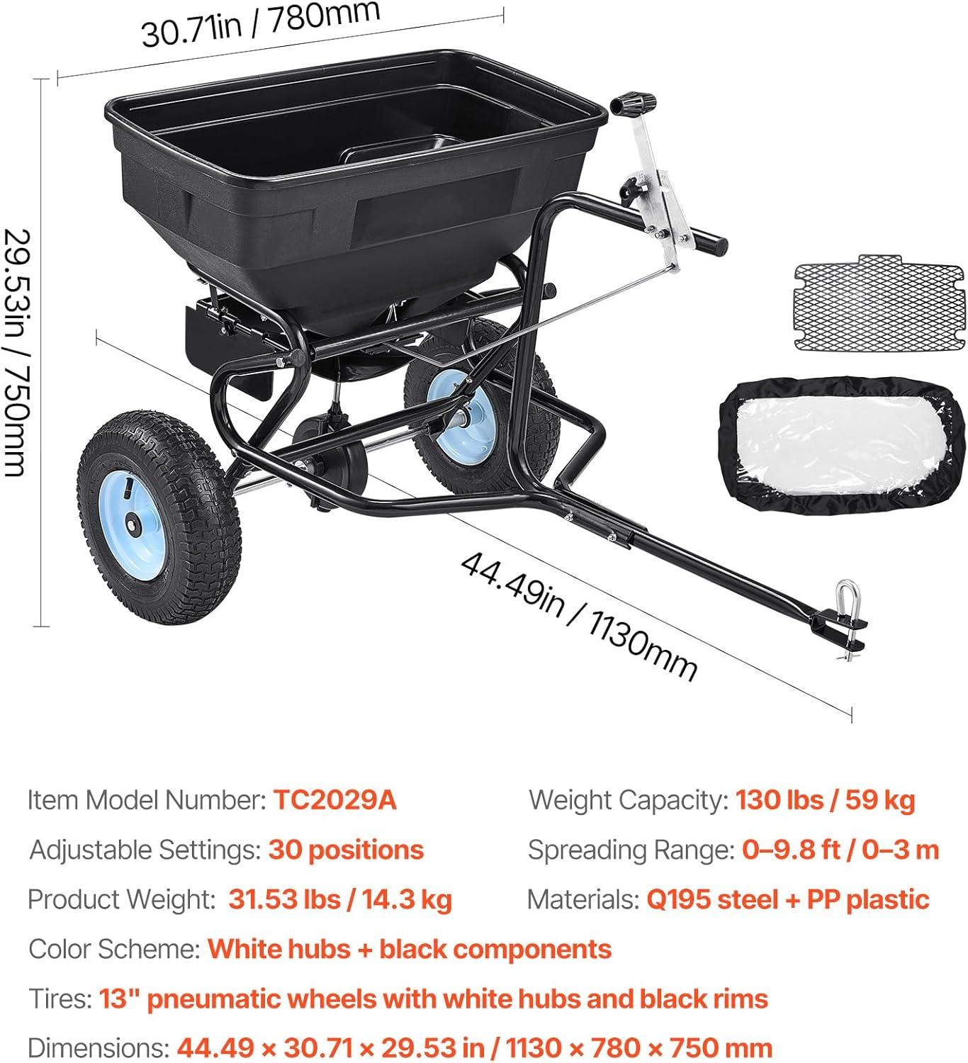 image:imageVEVOR Compost Spreader 244256 Height Adjustable Handle 24 Wide Lawn and Garden Peat Moss Roller with Side Latches Powder Coated Steel Mesh Basket for Spreading Manure Topsoil BlackWhite Hubs Black Components