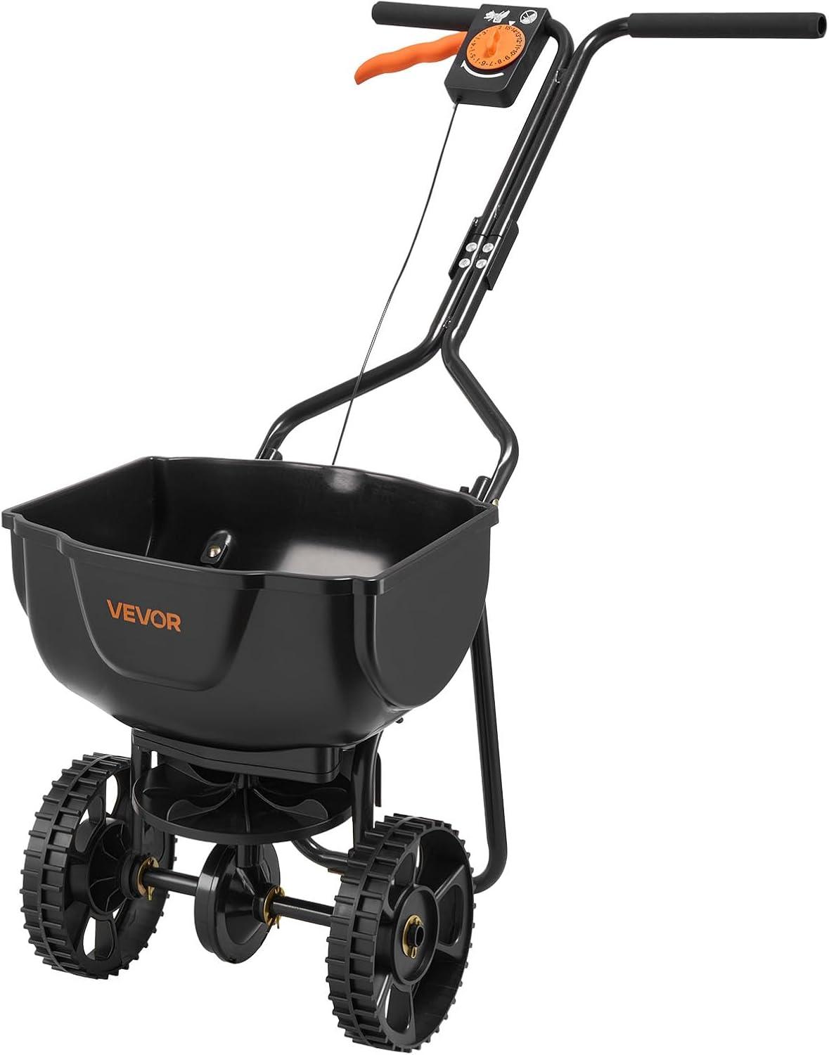 image:imageVEVOR Compost Spreader 244256 Height Adjustable Handle 24 Wide Lawn and Garden Peat Moss Roller with Side Latches Powder Coated Steel Mesh Basket for Spreading Manure Topsoil BlackBlack