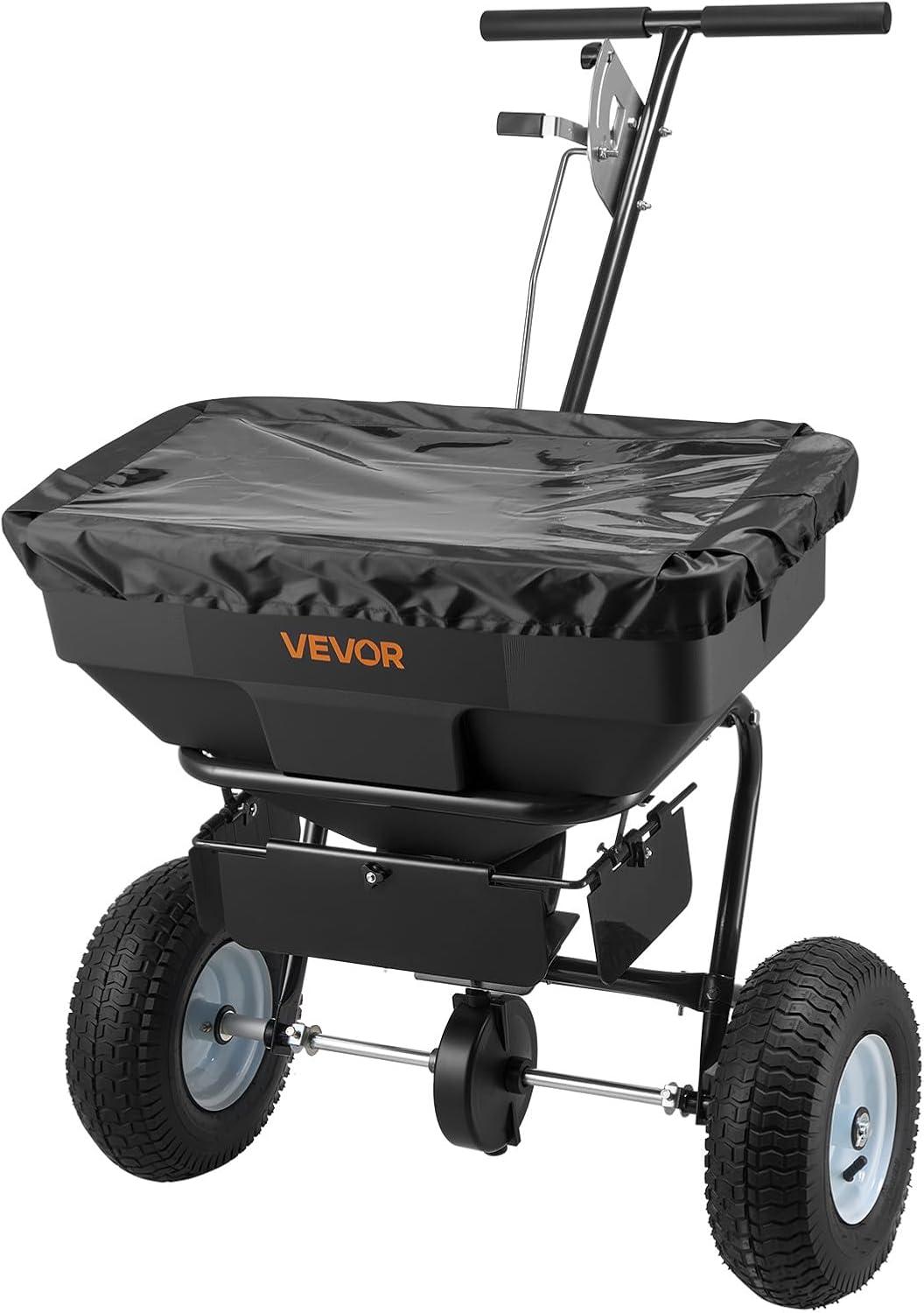 image:imageVEVOR Compost Spreader 244256 Height Adjustable Handle 24 Wide Lawn and Garden Peat Moss Roller with Side Latches Powder Coated Steel Mesh Basket for Spreading Manure Topsoil BlackBlack