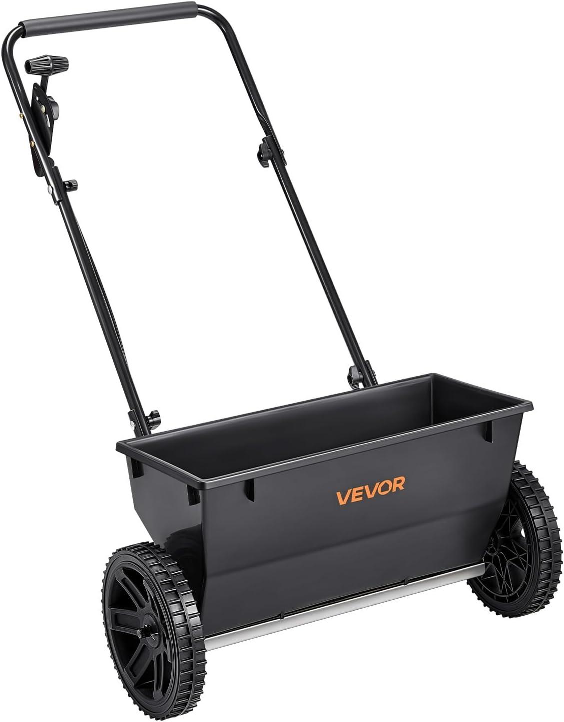image:imageVEVOR Compost Spreader 244256 Height Adjustable Handle 24 Wide Lawn and Garden Peat Moss Roller with Side Latches Powder Coated Steel Mesh Basket for Spreading Manure Topsoil BlackBlack