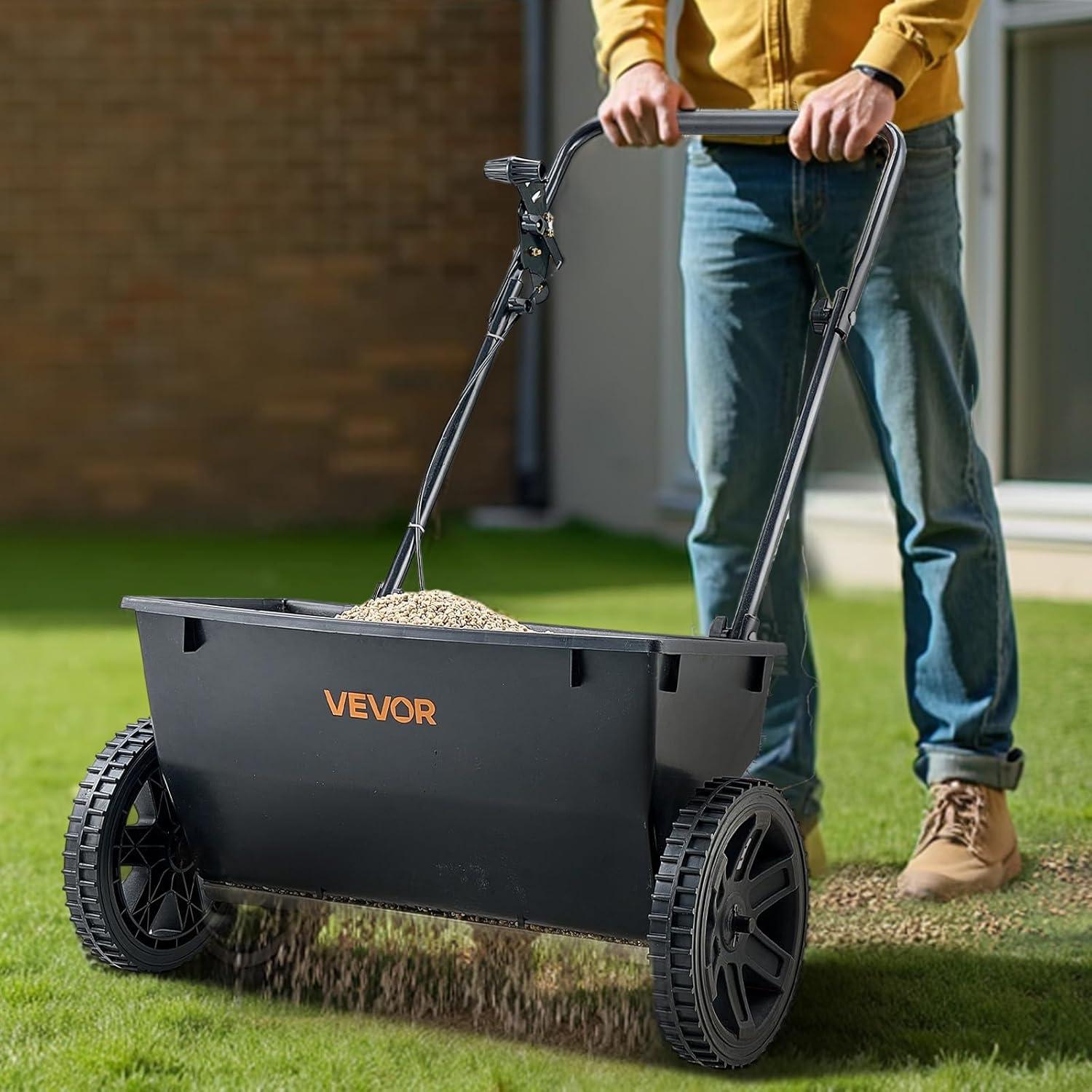 image:imageVEVOR Compost Spreader 244256 Height Adjustable Handle 24 Wide Lawn and Garden Peat Moss Roller with Side Latches Powder Coated Steel Mesh Basket for Spreading Manure Topsoil BlackBlack