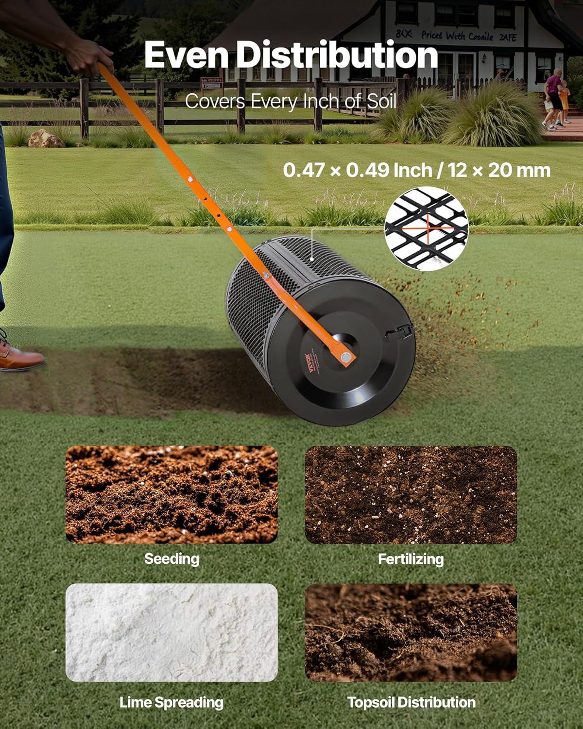 image:imageVEVOR Compost Spreader 244256 Height Adjustable Handle 24 Wide Lawn and Garden Peat Moss Roller with Side Latches Powder Coated Steel Mesh Basket for Spreading Manure Topsoil BlackBlack