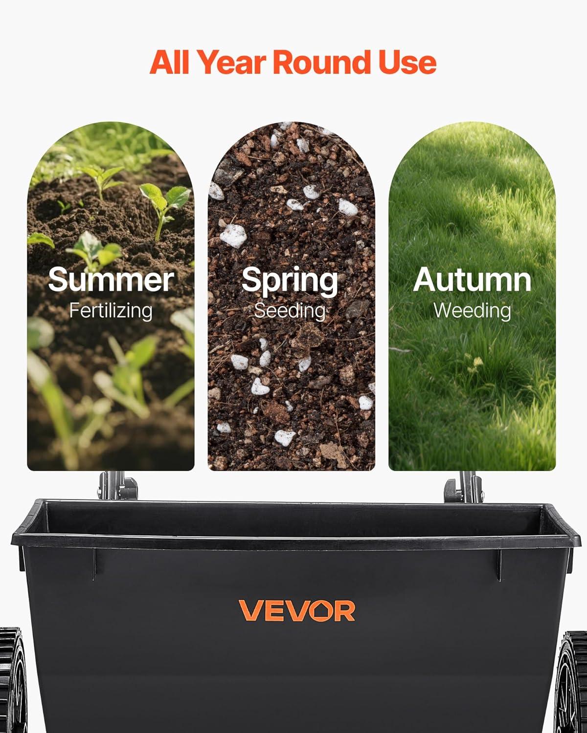 image:imageVEVOR Compost Spreader 244256 Height Adjustable Handle 24 Wide Lawn and Garden Peat Moss Roller with Side Latches Powder Coated Steel Mesh Basket for Spreading Manure Topsoil BlackBlack