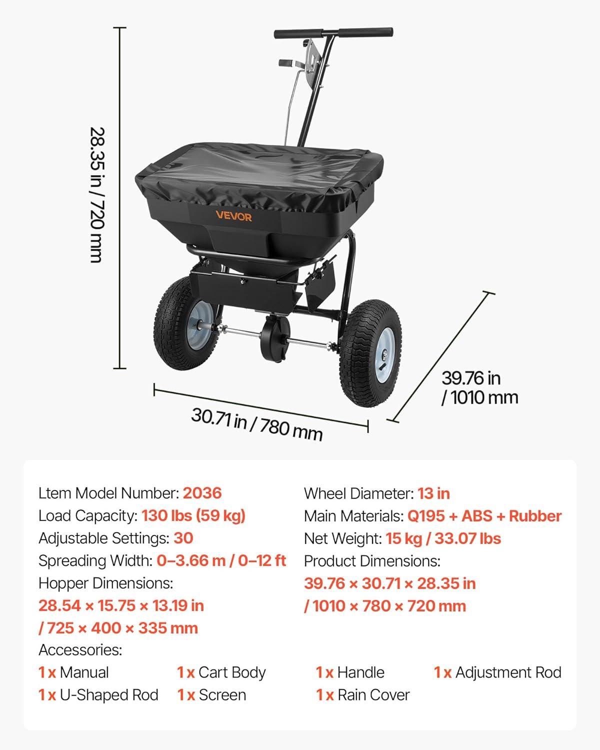 image:imageVEVOR Compost Spreader 244256 Height Adjustable Handle 24 Wide Lawn and Garden Peat Moss Roller with Side Latches Powder Coated Steel Mesh Basket for Spreading Manure Topsoil BlackBlack