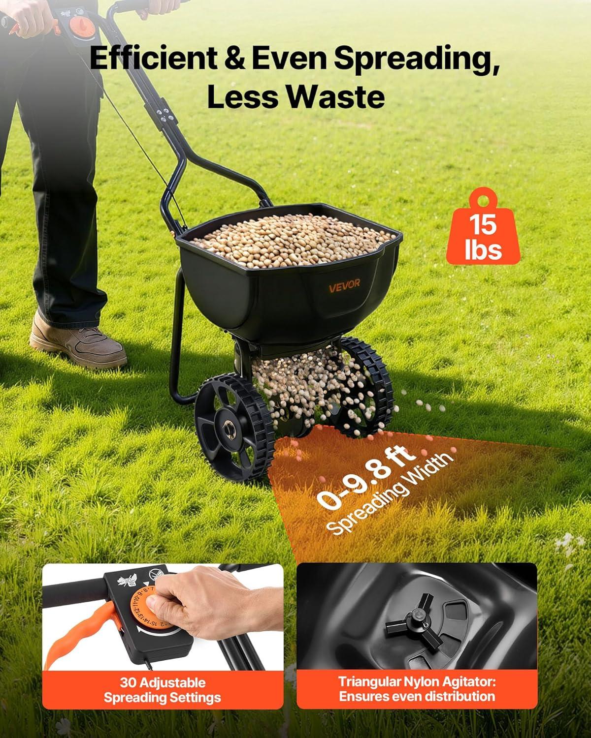 image:imageVEVOR Compost Spreader 244256 Height Adjustable Handle 24 Wide Lawn and Garden Peat Moss Roller with Side Latches Powder Coated Steel Mesh Basket for Spreading Manure Topsoil BlackBlack