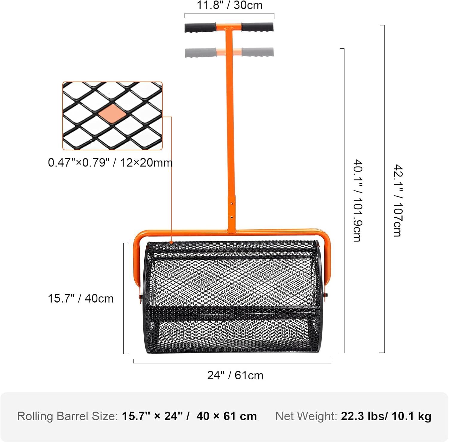 image:imageVEVOR Compost Spreader 244256 Height Adjustable Handle 24 Wide Lawn and Garden Peat Moss Roller with Side Latches Powder Coated Steel Mesh Basket for Spreading Manure Topsoil BlackBlack