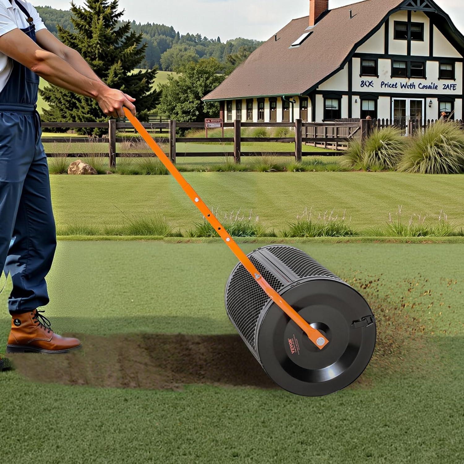 image:imageVEVOR Compost Spreader 244256 Height Adjustable Handle 24 Wide Lawn and Garden Peat Moss Roller with Side Latches Powder Coated Steel Mesh Basket for Spreading Manure Topsoil BlackBlack