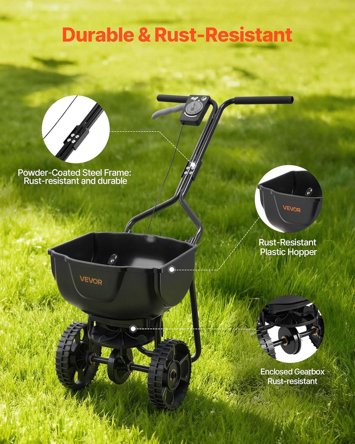 image:imageVEVOR Compost Spreader 244256 Height Adjustable Handle 24 Wide Lawn and Garden Peat Moss Roller with Side Latches Powder Coated Steel Mesh Basket for Spreading Manure Topsoil BlackBlack