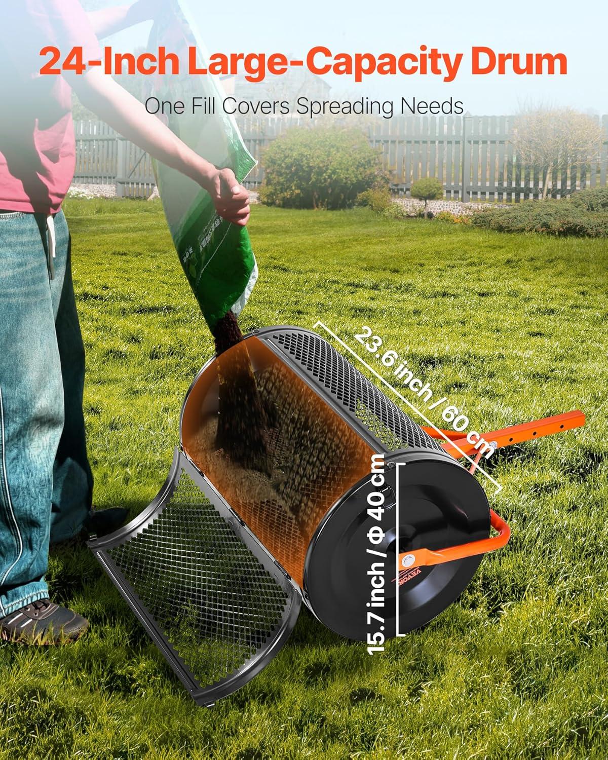 image:imageVEVOR Compost Spreader 244256 Height Adjustable Handle 24 Wide Lawn and Garden Peat Moss Roller with Side Latches Powder Coated Steel Mesh Basket for Spreading Manure Topsoil BlackBlack