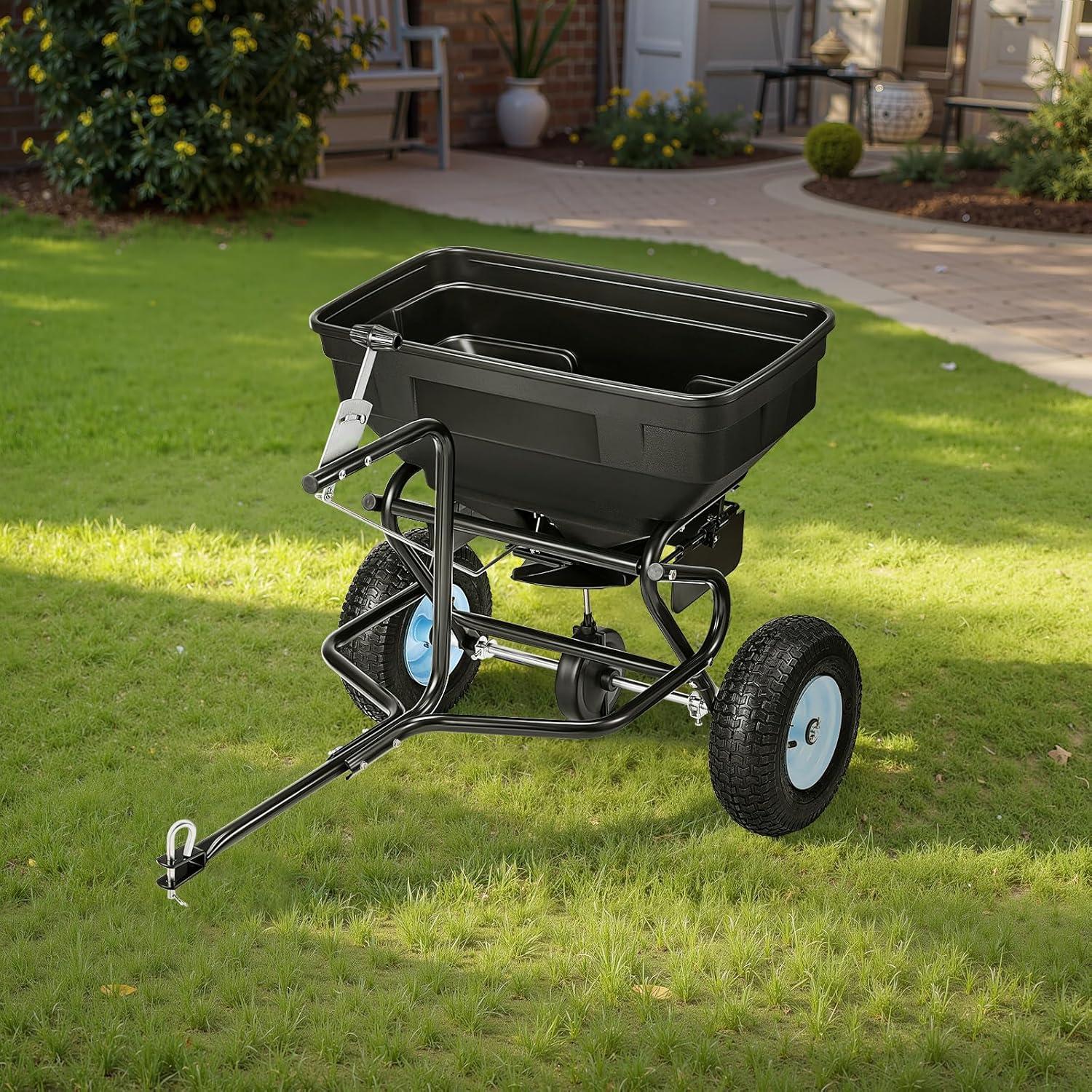 image:imageVEVOR Compost Spreader 244256 Height Adjustable Handle 24 Wide Lawn and Garden Peat Moss Roller with Side Latches Powder Coated Steel Mesh Basket for Spreading Manure Topsoil BlackWhite Hubs Black Components