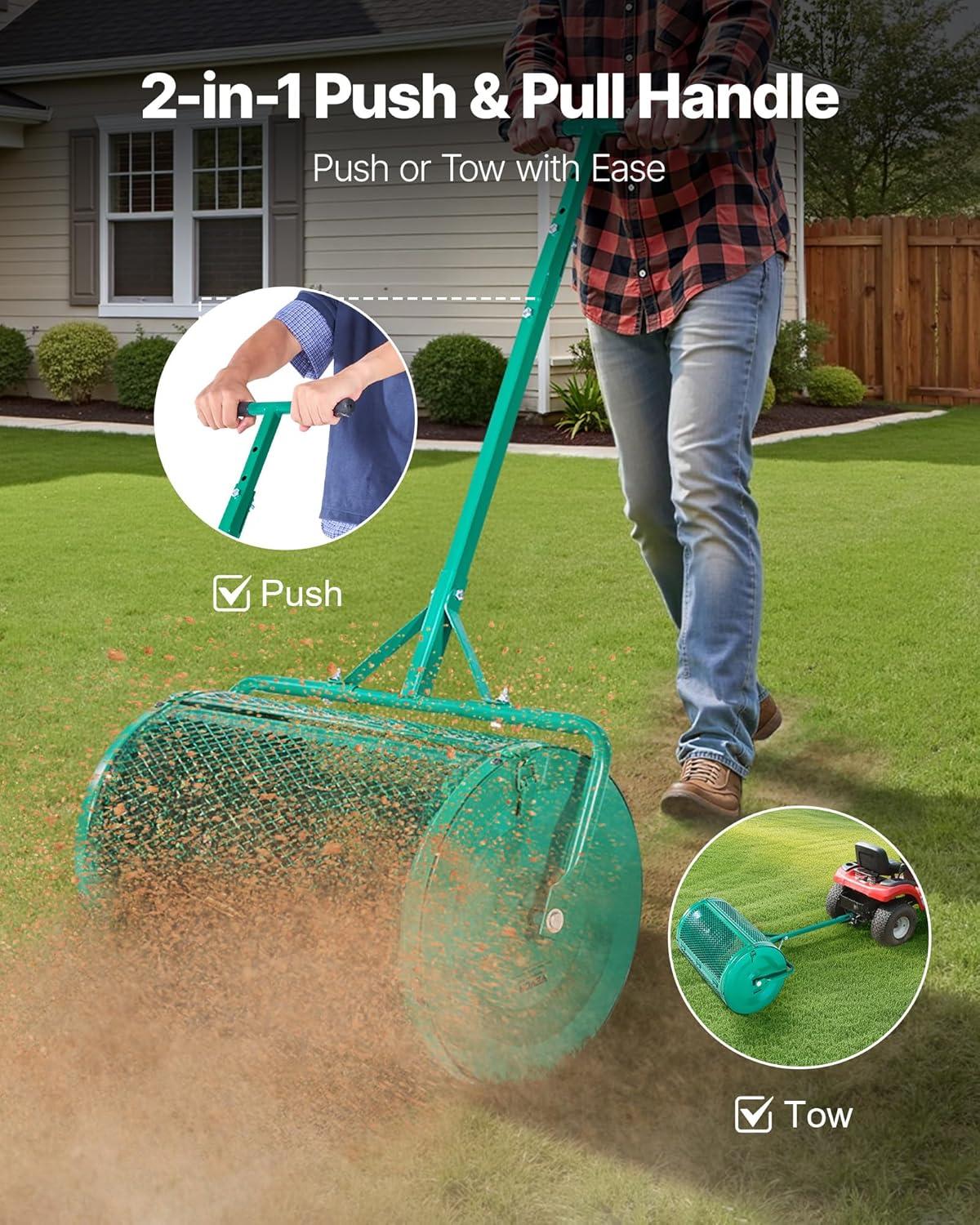image:imageVEVOR Compost Spreader 244256 Height Adjustable Handle 24 Wide Lawn and Garden Peat Moss Roller with Side Latches Powder Coated Steel Mesh Basket for Spreading Manure Topsoil BlackGreen