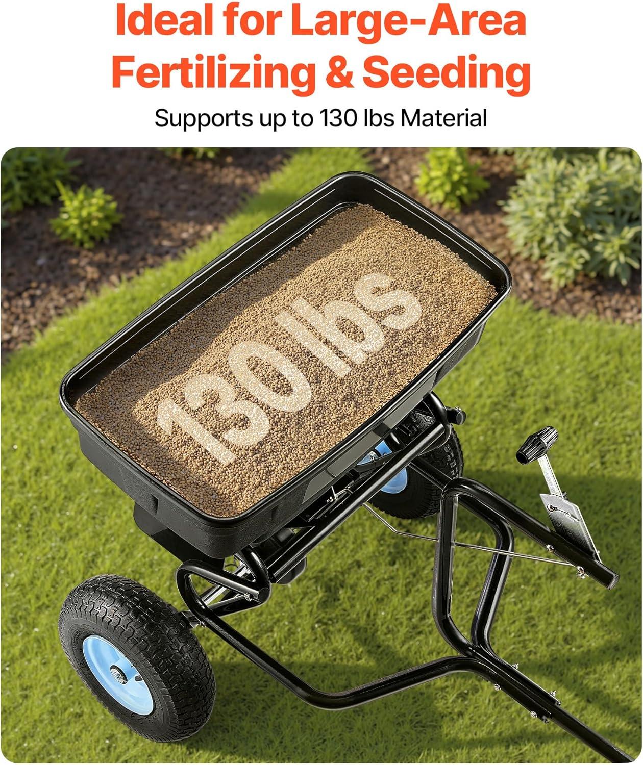 image:imageVEVOR Compost Spreader 244256 Height Adjustable Handle 24 Wide Lawn and Garden Peat Moss Roller with Side Latches Powder Coated Steel Mesh Basket for Spreading Manure Topsoil BlackWhite Hubs Black Components