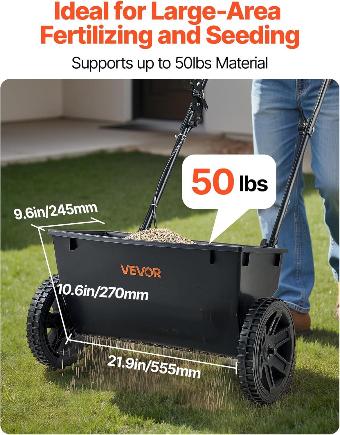 image:imageVEVOR Compost Spreader 244256 Height Adjustable Handle 24 Wide Lawn and Garden Peat Moss Roller with Side Latches Powder Coated Steel Mesh Basket for Spreading Manure Topsoil BlackBlack