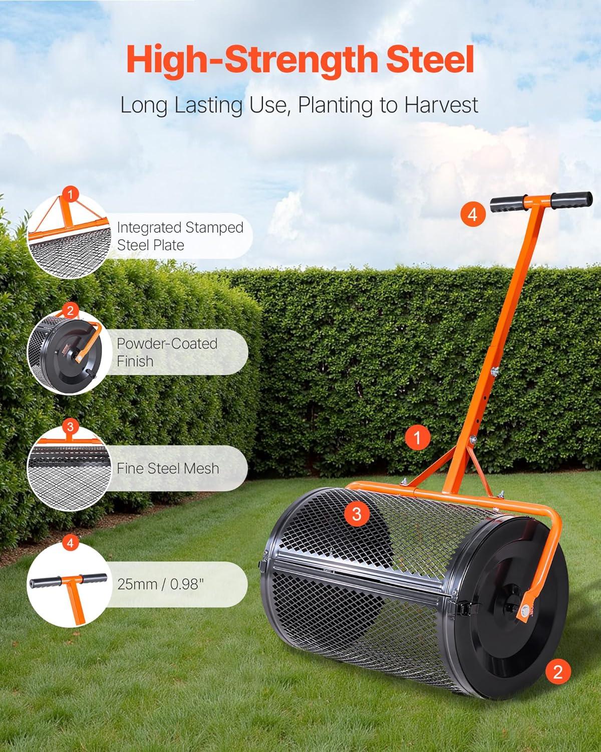 image:imageVEVOR Compost Spreader 244256 Height Adjustable Handle 24 Wide Lawn and Garden Peat Moss Roller with Side Latches Powder Coated Steel Mesh Basket for Spreading Manure Topsoil BlackBlack