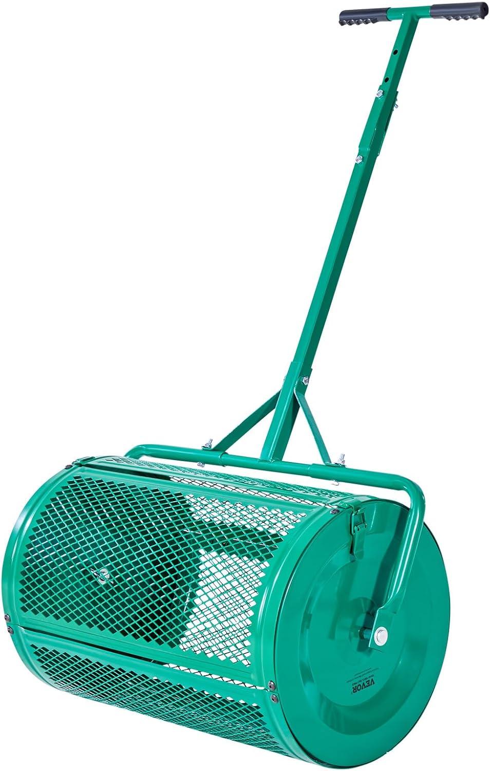image:imageVEVOR Compost Spreader 244256 Height Adjustable Handle 24 Wide Lawn and Garden Peat Moss Roller with Side Latches Powder Coated Steel Mesh Basket for Spreading Manure Topsoil BlackGreen