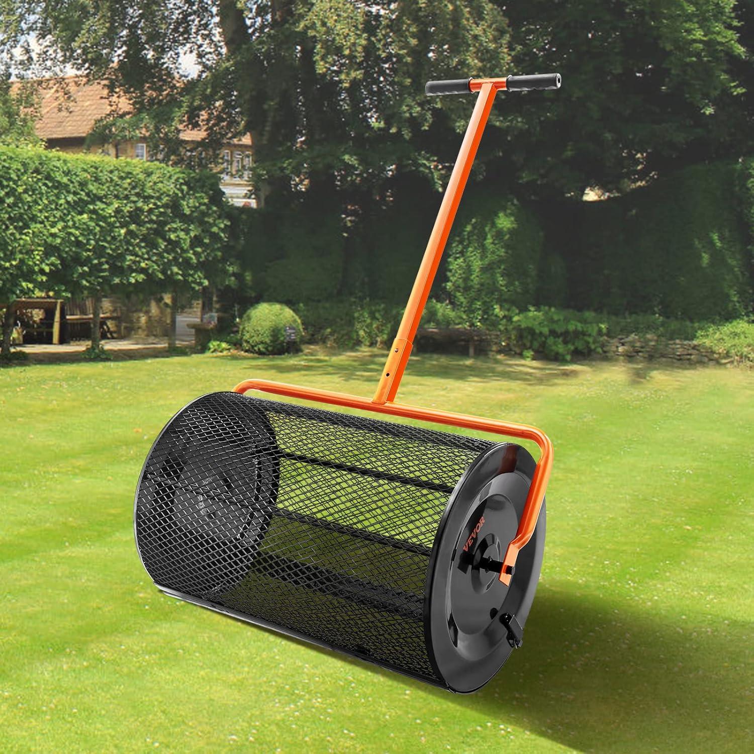 image:imageVEVOR Compost Spreader 244256 Height Adjustable Handle 24 Wide Lawn and Garden Peat Moss Roller with Side Latches Powder Coated Steel Mesh Basket for Spreading Manure Topsoil BlackBlack