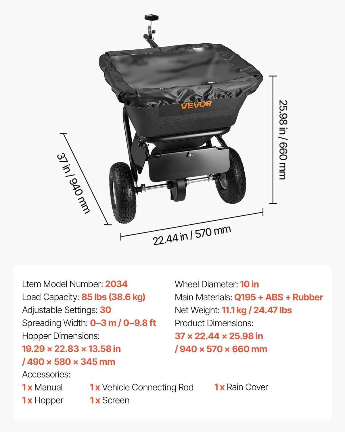 image:imageVEVOR Compost Spreader 244256 Height Adjustable Handle 24 Wide Lawn and Garden Peat Moss Roller with Side Latches Powder Coated Steel Mesh Basket for Spreading Manure Topsoil BlackBlack
