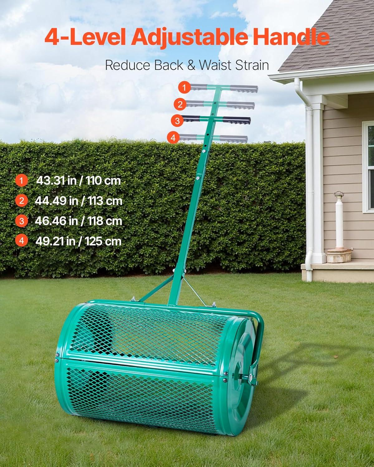 image:imageVEVOR Compost Spreader 244256 Height Adjustable Handle 24 Wide Lawn and Garden Peat Moss Roller with Side Latches Powder Coated Steel Mesh Basket for Spreading Manure Topsoil BlackGreen