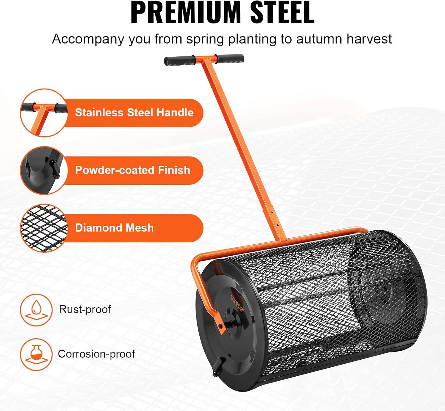 image:imageVEVOR Compost Spreader 244256 Height Adjustable Handle 24 Wide Lawn and Garden Peat Moss Roller with Side Latches Powder Coated Steel Mesh Basket for Spreading Manure Topsoil BlackBlack