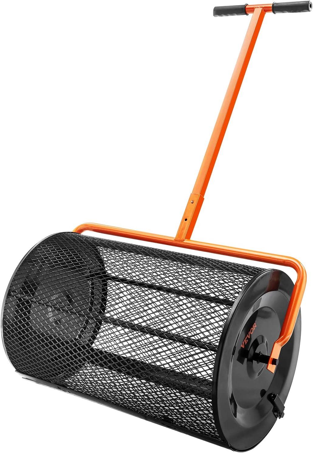 image:imageVEVOR Compost Spreader 244256 Height Adjustable Handle 24 Wide Lawn and Garden Peat Moss Roller with Side Latches Powder Coated Steel Mesh Basket for Spreading Manure Topsoil BlackBlack