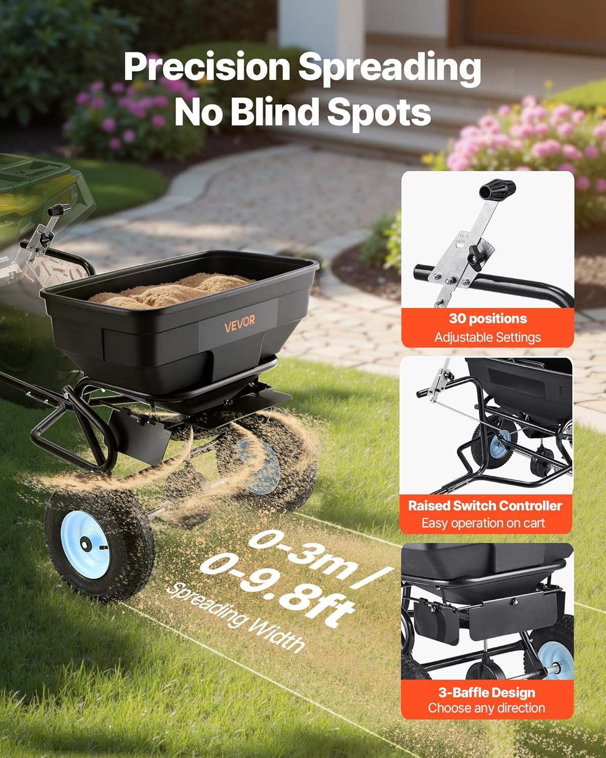 image:imageVEVOR Compost Spreader 244256 Height Adjustable Handle 24 Wide Lawn and Garden Peat Moss Roller with Side Latches Powder Coated Steel Mesh Basket for Spreading Manure Topsoil BlackWhite Hubs Black Components