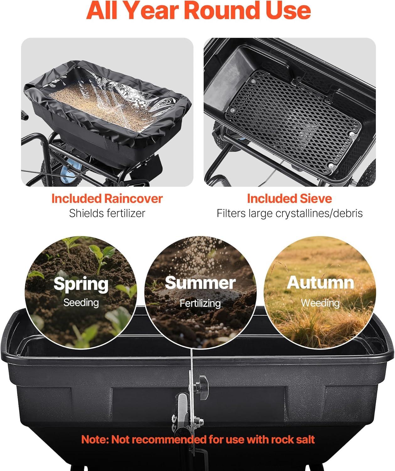 image:imageVEVOR Compost Spreader 244256 Height Adjustable Handle 24 Wide Lawn and Garden Peat Moss Roller with Side Latches Powder Coated Steel Mesh Basket for Spreading Manure Topsoil BlackWhite Hubs Black Components