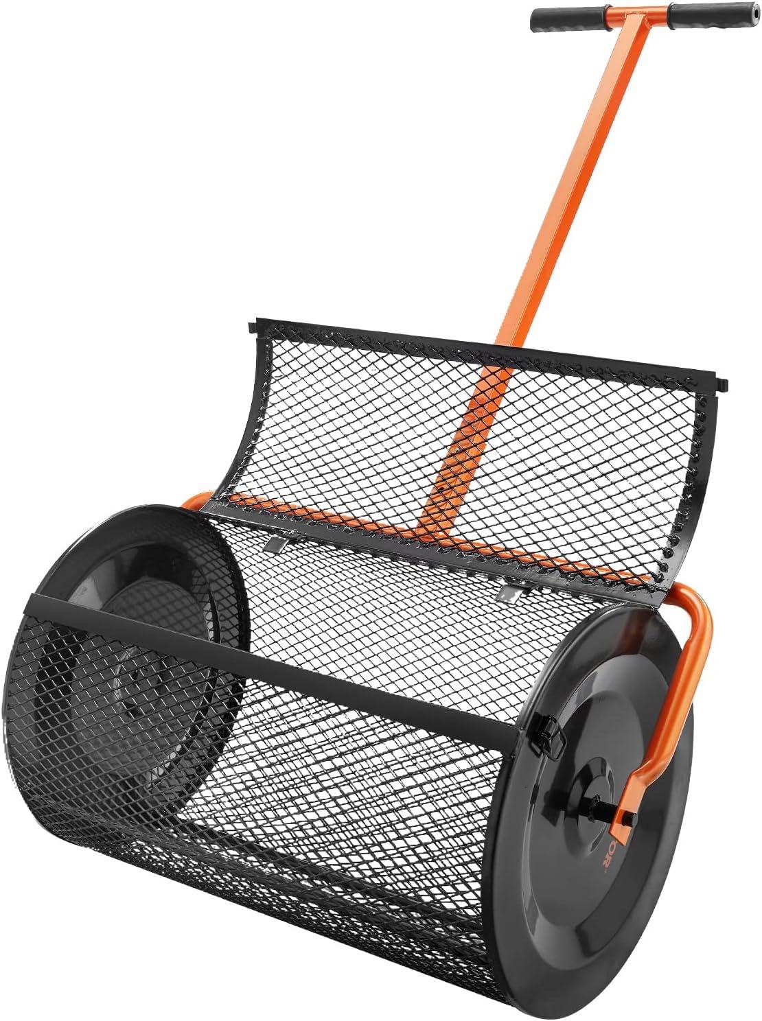 image:imageVEVOR Compost Spreader 244256 Height Adjustable Handle 24 Wide Lawn and Garden Peat Moss Roller with Side Latches Powder Coated Steel Mesh Basket for Spreading Manure Topsoil BlackBlack