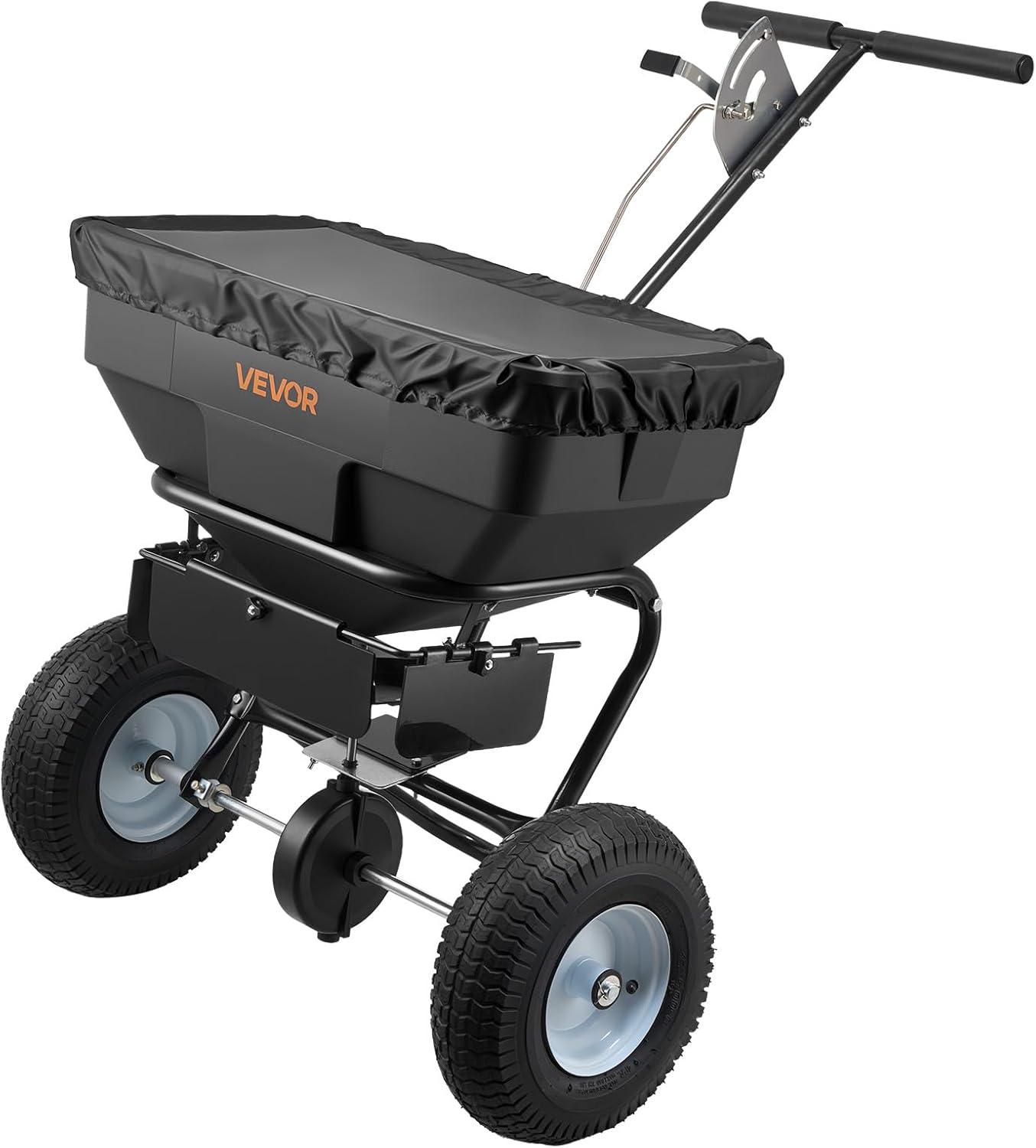 image:imageVEVOR Compost Spreader 244256 Height Adjustable Handle 24 Wide Lawn and Garden Peat Moss Roller with Side Latches Powder Coated Steel Mesh Basket for Spreading Manure Topsoil BlackBlack