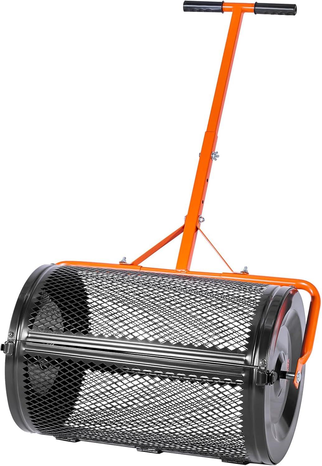 image:imageVEVOR Compost Spreader 244256 Height Adjustable Handle 24 Wide Lawn and Garden Peat Moss Roller with Side Latches Powder Coated Steel Mesh Basket for Spreading Manure Topsoil BlackBlack