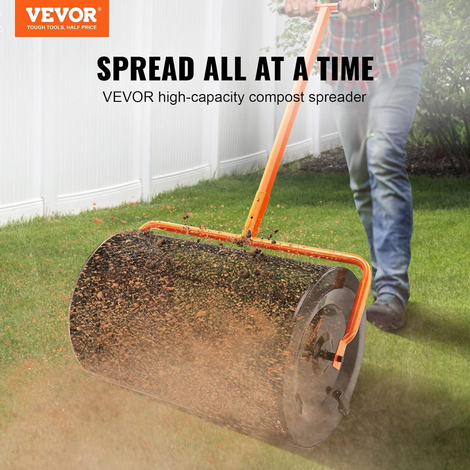 image:imageVEVOR Compost Spreader 244256 Height Adjustable Handle 24 Wide Lawn and Garden Peat Moss Roller with Side Latches Powder Coated Steel Mesh Basket for Spreading Manure Topsoil BlackBlack