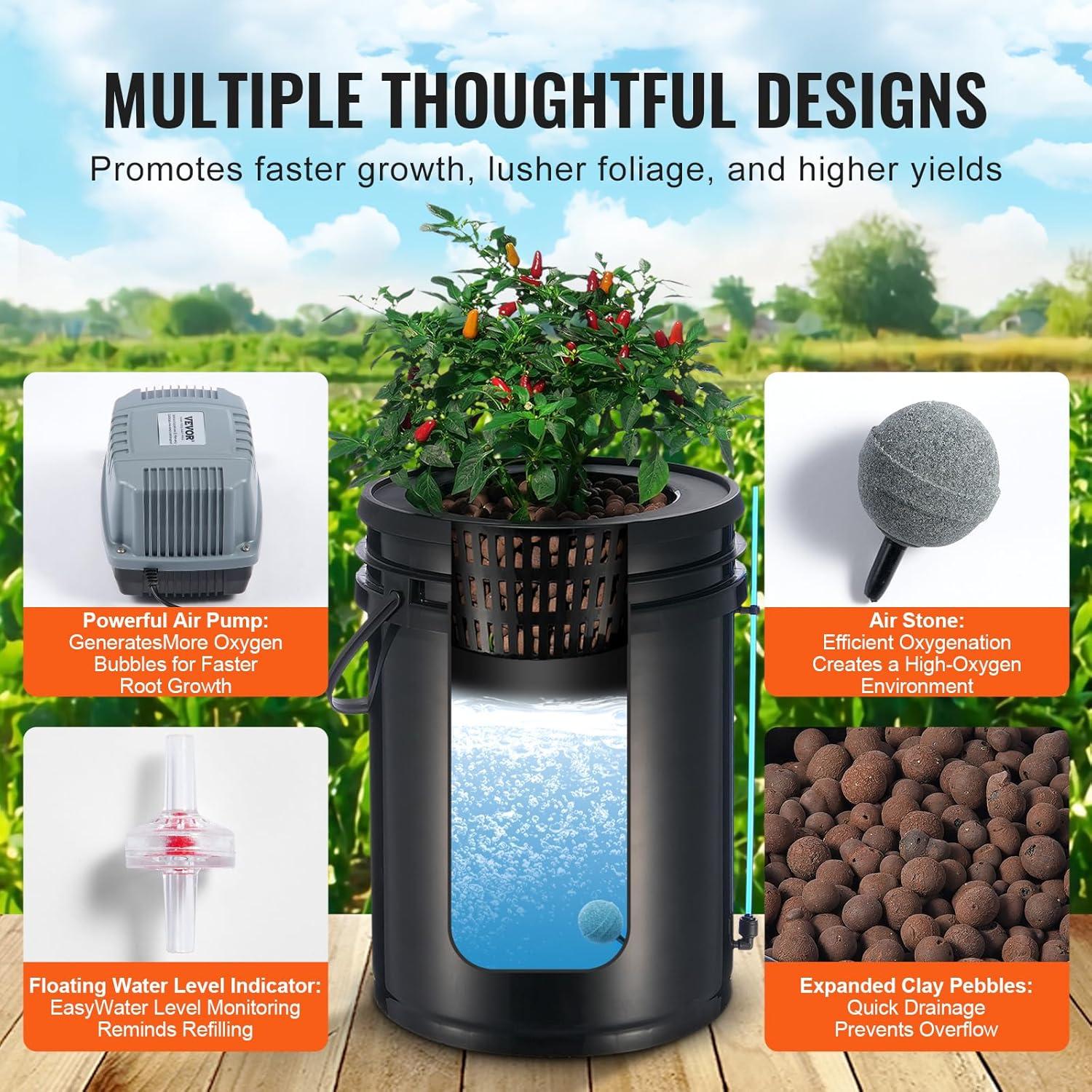 image:imageVEVOR DWC Hydroponic System 5 Gallon 5 Buckets Deep Water Culture Growing Bucket Hydroponics Grow Kit with Pump Air Stone and Connected Reservoir for IndoorOutdoor Leafy Vegetables4 BucketsTop Drip Kit