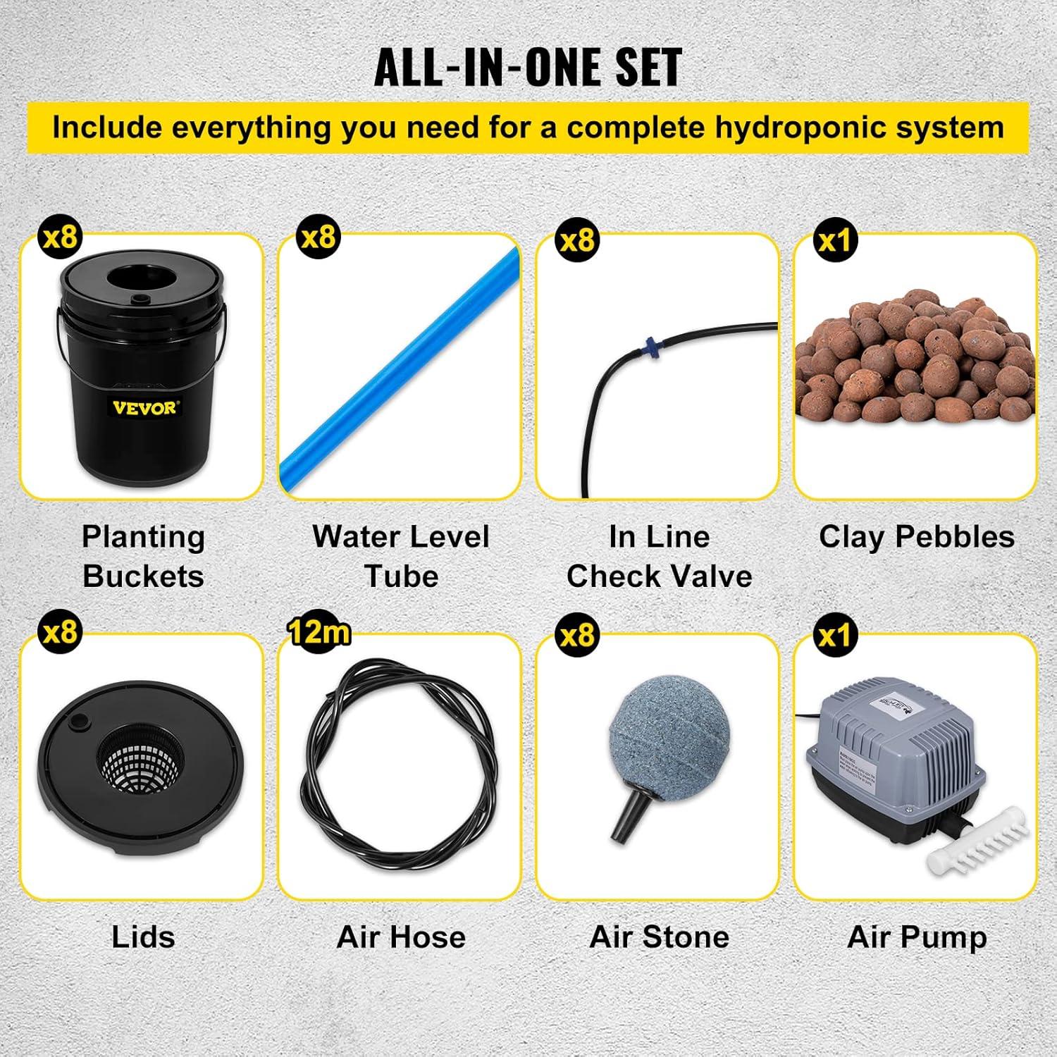 image:imageVEVOR DWC Hydroponic System 5 Gallon 5 Buckets Deep Water Culture Growing Bucket Hydroponics Grow Kit with Pump Air Stone and Connected Reservoir for IndoorOutdoor Leafy Vegetables8 Buckets