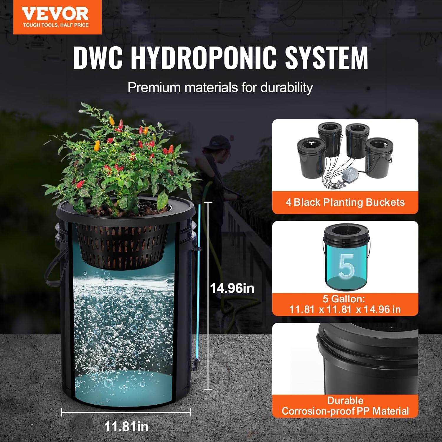 image:imageVEVOR DWC Hydroponic System 5 Gallon 5 Buckets Deep Water Culture Growing Bucket Hydroponics Grow Kit with Pump Air Stone and Connected Reservoir for IndoorOutdoor Leafy Vegetables4 BucketsTop Drip Kit