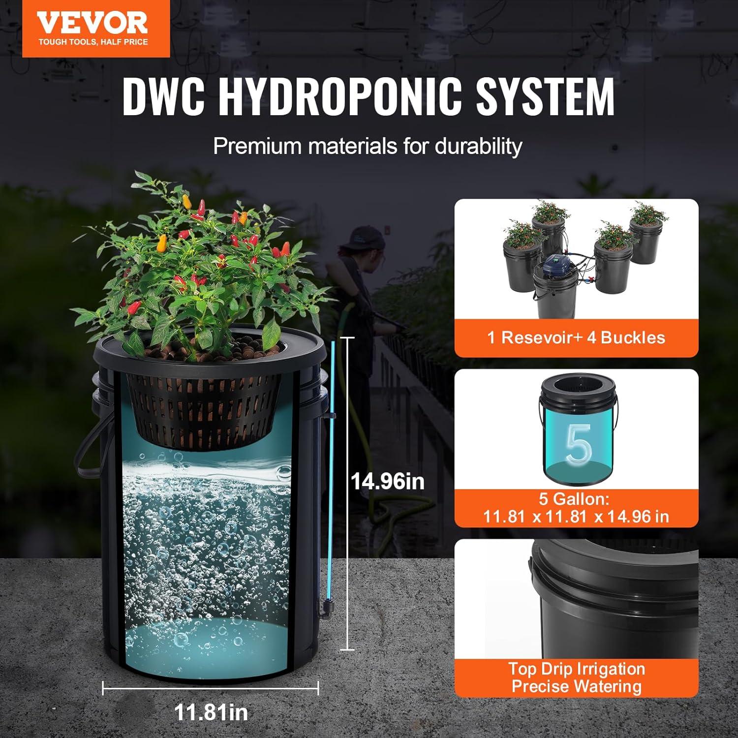 image:imageVEVOR DWC Hydroponic System 5 Gallon 5 Buckets Deep Water Culture Growing Bucket Hydroponics Grow Kit with Pump Air Stone and Connected Reservoir for IndoorOutdoor Leafy Vegetables4 Buckets1 Reservoir