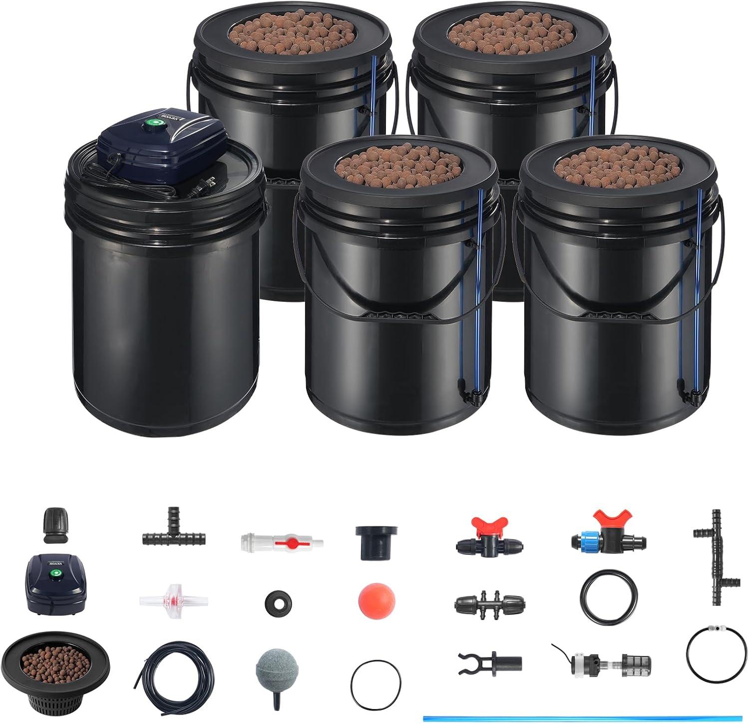 image:imageVEVOR DWC Hydroponic System 5 Gallon 5 Buckets Deep Water Culture Growing Bucket Hydroponics Grow Kit with Pump Air Stone and Connected Reservoir for IndoorOutdoor Leafy Vegetables4 Buckets1 Reservoir