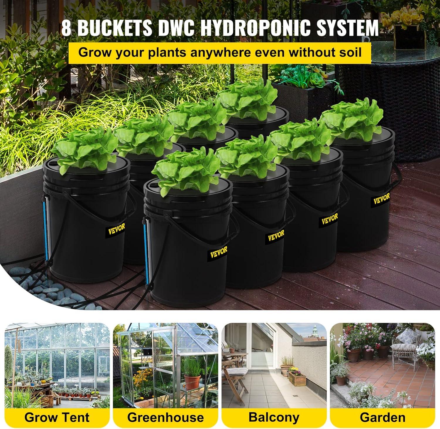 image:imageVEVOR DWC Hydroponic System 5 Gallon 5 Buckets Deep Water Culture Growing Bucket Hydroponics Grow Kit with Pump Air Stone and Connected Reservoir for IndoorOutdoor Leafy Vegetables8 Buckets