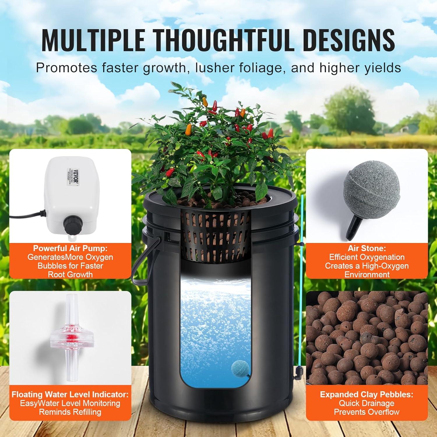 image:imageVEVOR DWC Hydroponic System 5 Gallon 5 Buckets Deep Water Culture Growing Bucket Hydroponics Grow Kit with Pump Air Stone and Connected Reservoir for IndoorOutdoor Leafy Vegetables2 BucketsTop Drip Kit