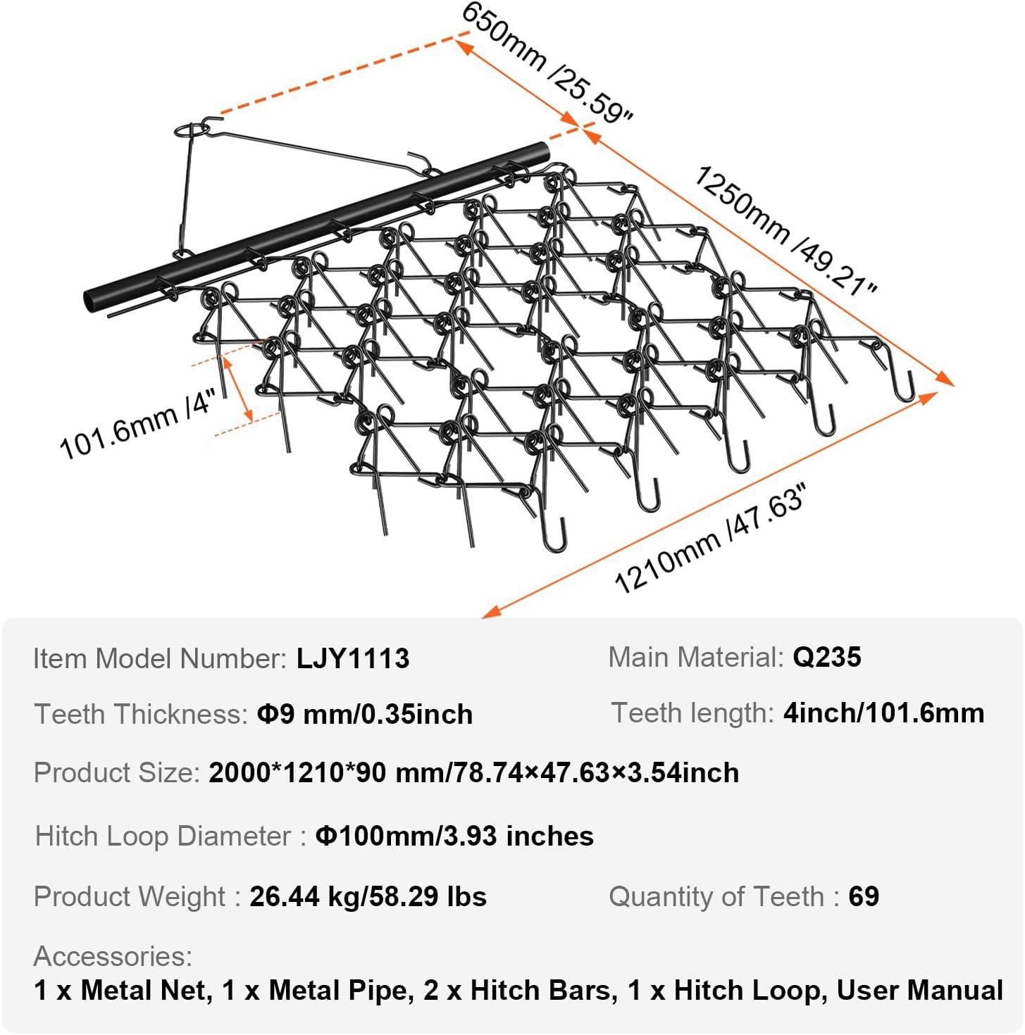 image:imageVEVOR Drag Harrow 4 x 5 ft Chain Harrow Made from Q235 Steel UTV Tractor Attachments for Landscape Leveling or Sod Prepping Durable Harrow Rake for Gravel Driveway Farm Field Garden Black4x4