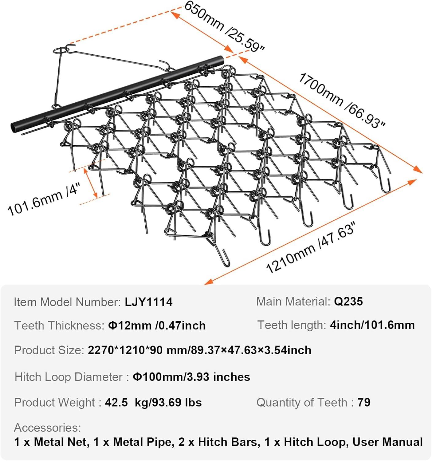 image:imageVEVOR Drag Harrow 4 x 5 ft Chain Harrow Made from Q235 Steel UTV Tractor Attachments for Landscape Leveling or Sod Prepping Durable Harrow Rake for Gravel Driveway Farm Field Garden Black4x56