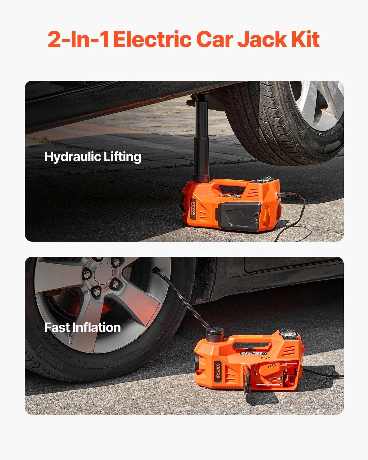 image:imageVEVOR Electric Car Jack 5 Tons 11000 lbs Electric Scissor Jack with BuiltIn Inflator 12V Adjustable Tire Change Replacement with Secure Hammer amp LED Light Portable Jack kit for Sedan SUV TruckWithout Electric Impact Wrench