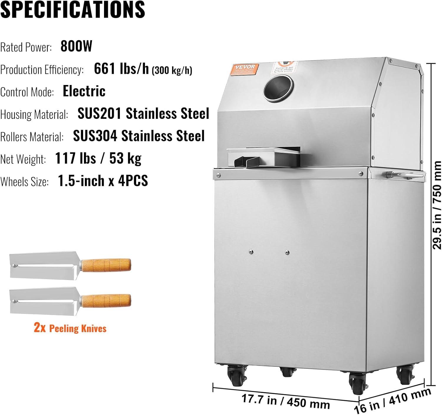 image:imageVEVOR Electric Sugar Cane Juicer 800W Sugarcane Juicer Machine with 661LBSH High Output 4 Stainless Steel Roller Auto Roller Pressure Adjustment Sugarcane Juice Press Extractor for HomeCommercial800W 3 Rollers