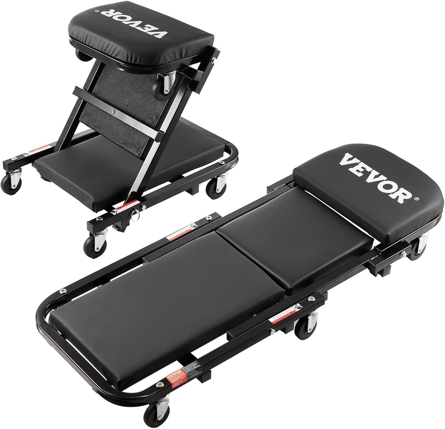 image:imageVEVOR Foldable Z Garage Creeper 40 in 450 lbs Load Capacity Rolling Folding Mechanic Creeper Stool with 6 Universal Wheels Padded Seat Steel Frame Lay Down or Sit Chair for Garage Shop or HomeBlack