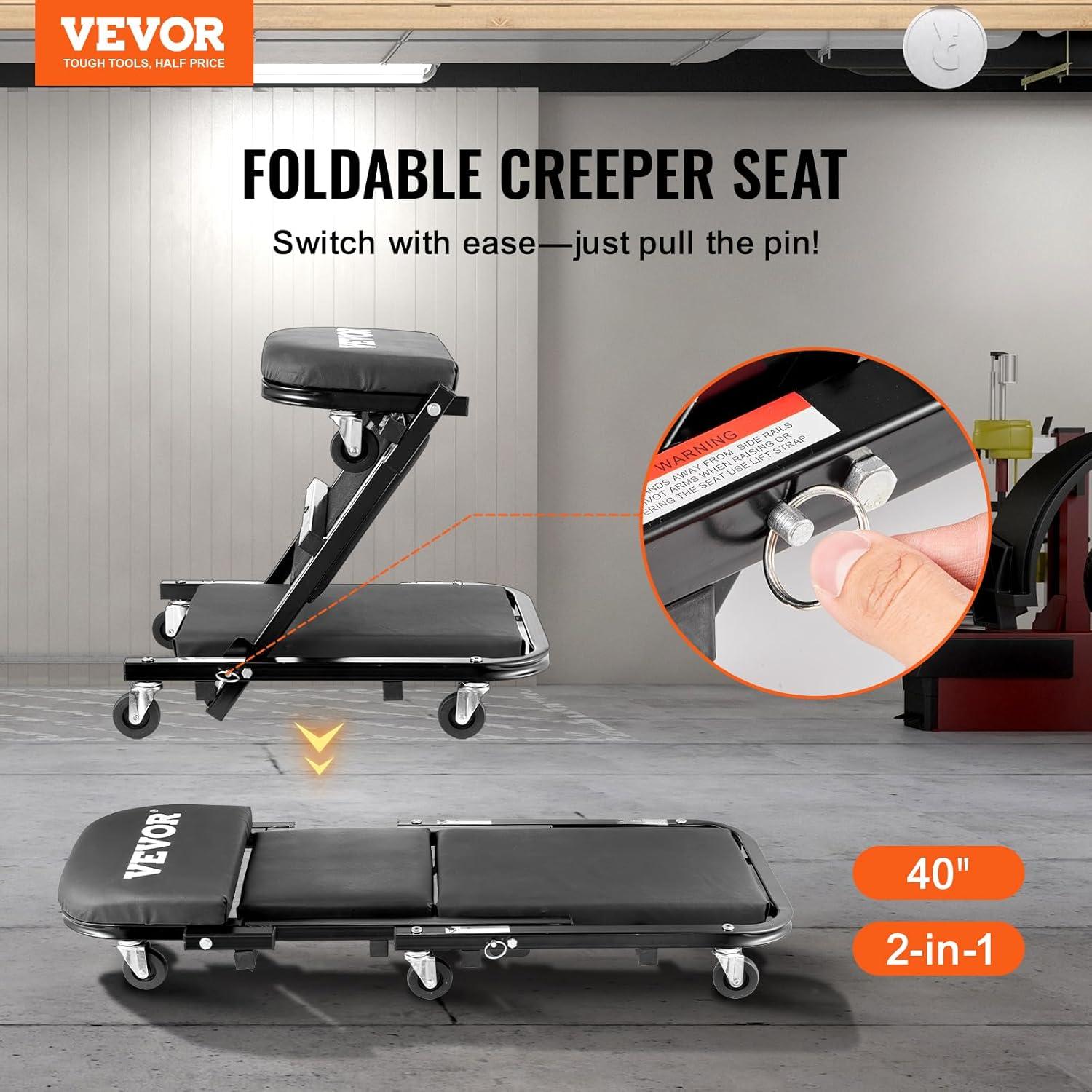 image:imageVEVOR Foldable Z Garage Creeper 40 in 450 lbs Load Capacity Rolling Folding Mechanic Creeper Stool with 6 Universal Wheels Padded Seat Steel Frame Lay Down or Sit Chair for Garage Shop or HomeBlack