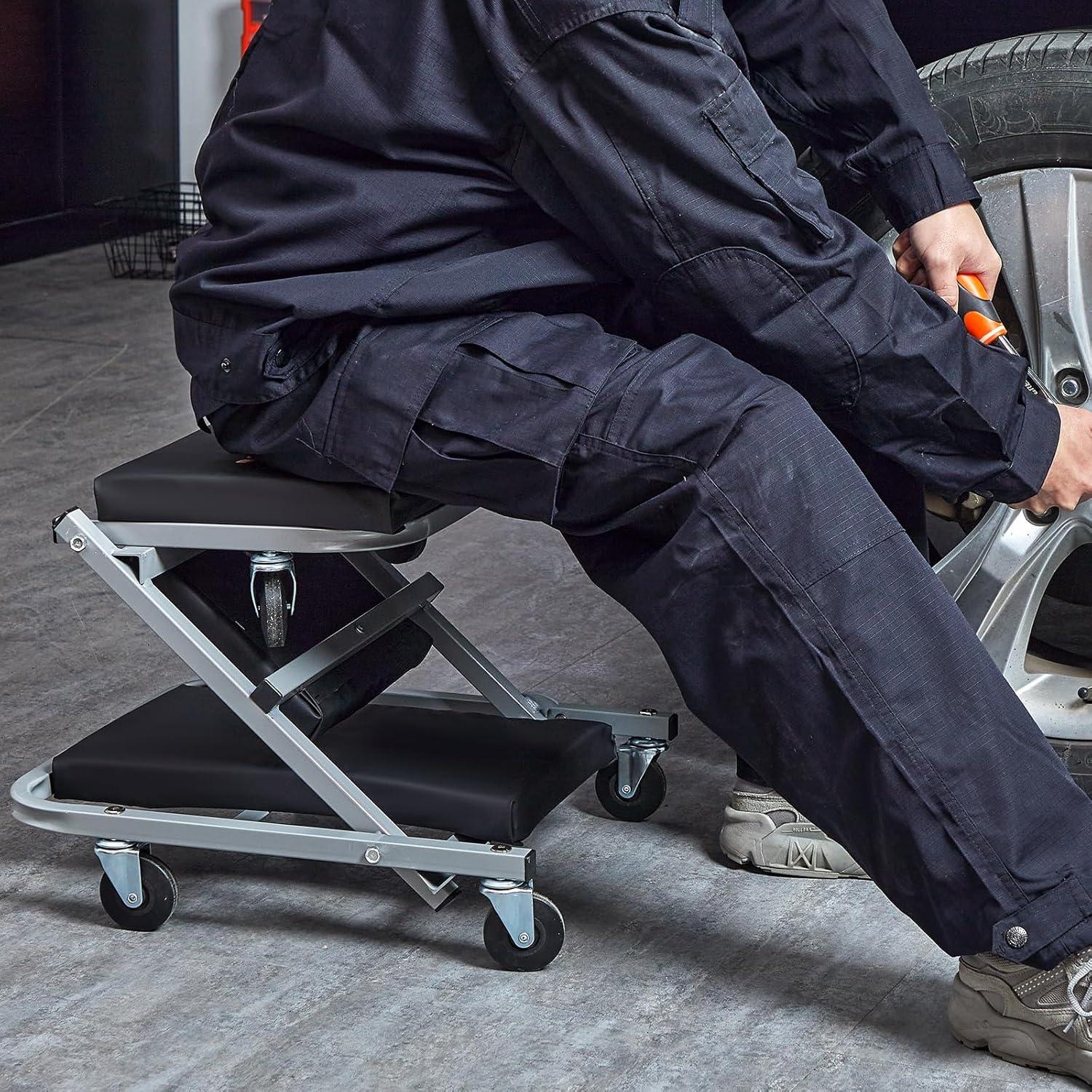 image:imageVEVOR Foldable Z Garage Creeper 40 in 450 lbs Load Capacity Rolling Folding Mechanic Creeper Stool with 6 Universal Wheels Padded Seat Steel Frame Lay Down or Sit Chair for Garage Shop or HomeBlack