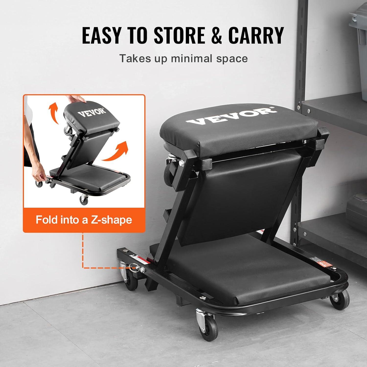 image:imageVEVOR Foldable Z Garage Creeper 40 in 450 lbs Load Capacity Rolling Folding Mechanic Creeper Stool with 6 Universal Wheels Padded Seat Steel Frame Lay Down or Sit Chair for Garage Shop or HomeBlack