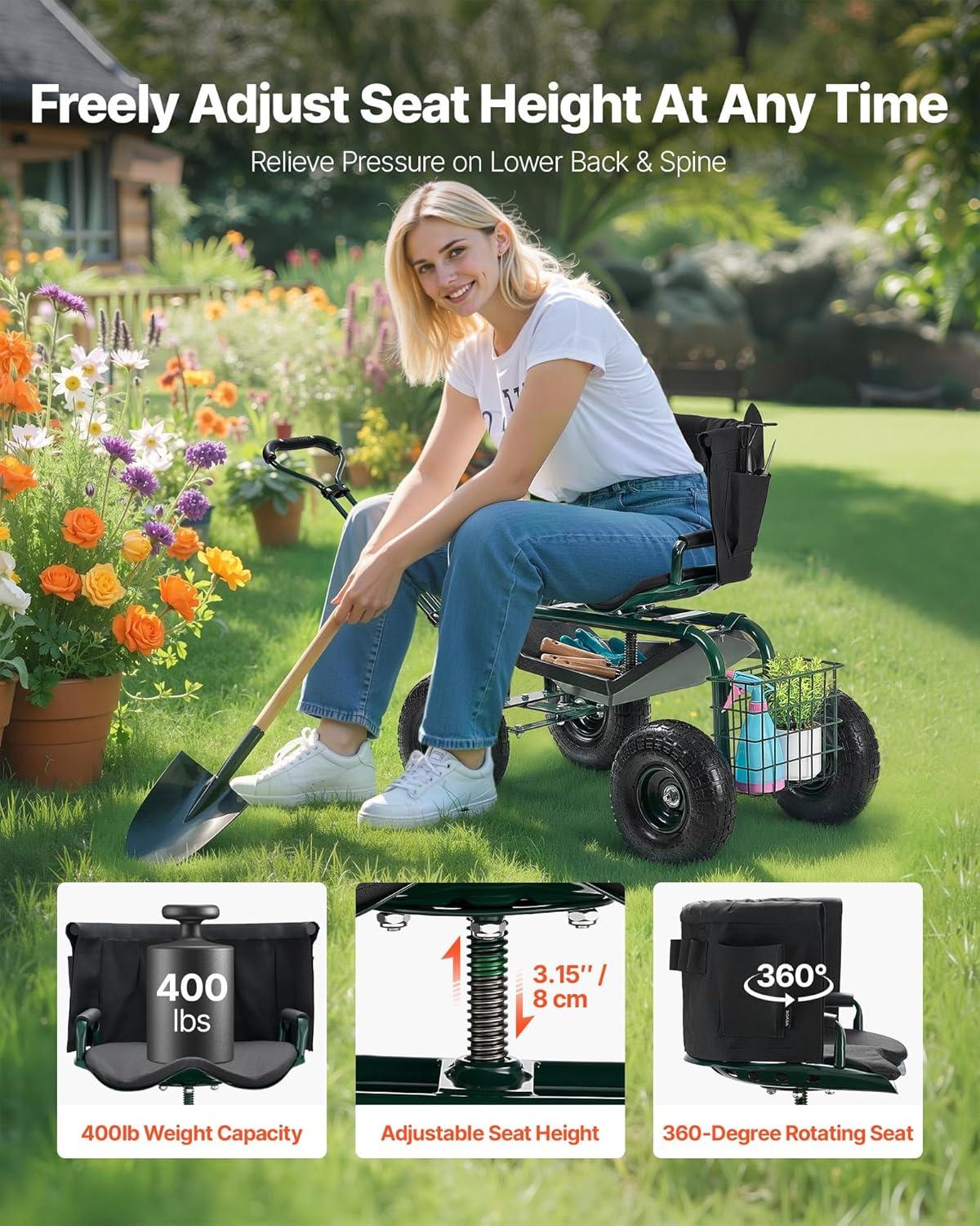 image:imageVEVOR Garden Cart Rolling Workseat with Wheels Gardening Stool for Planting 360 Degree Swivel Seat Wagon Scooter with Steering Handle amp Utility Tool Tray Use for Patio Yard and Outdoors BlueGreen Black