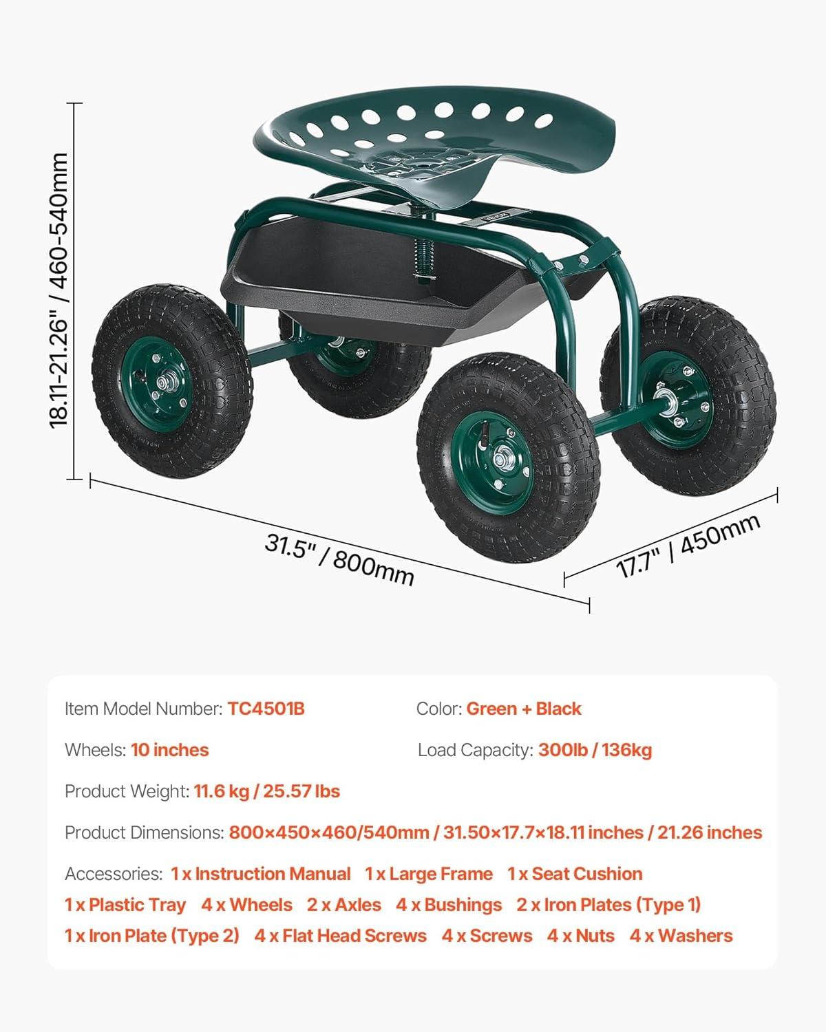 image:imageVEVOR Garden Cart Rolling Workseat with Wheels Gardening Stool for Planting 360 Degree Swivel Seat Wagon Scooter with Steering Handle amp Utility Tool Tray Use for Patio Yard and Outdoors BlueGreen Black