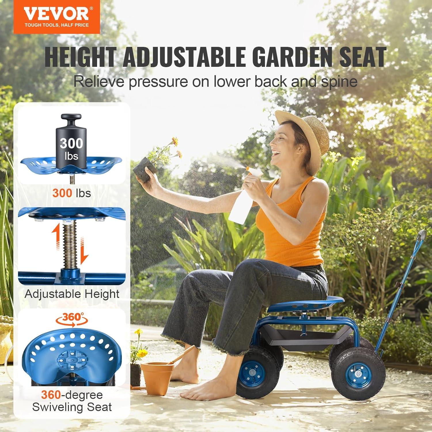 image:imageVEVOR Garden Cart Rolling Workseat with Wheels Gardening Stool for Planting 360 Degree Swivel Seat Wagon Scooter with Steering Handle amp Utility Tool Tray Use for Patio Yard and Outdoors BlueBlue
