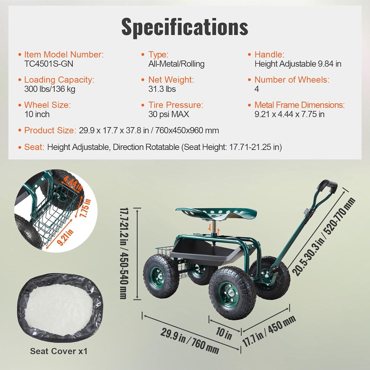 image:imageVEVOR Garden Cart Rolling Workseat with Wheels Gardening Stool for Planting 360 Degree Swivel Seat Wagon Scooter with Steering Handle amp Utility Tool Tray Use for Patio Yard and Outdoors BlueGreen